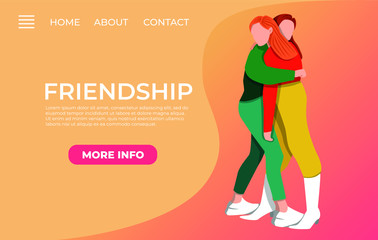 Friendship colorfull background. Web banner with friends hugging together. People friendship girls. Bright clothes. Web site background.