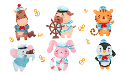 Fototapeta premium Cute Animals in Sailor Suits and Hats Fishing and Sailing Vector Set