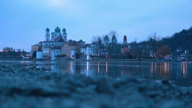 Panorama of Passau at the confluence of Ilz, Inn and Danube at dusk