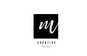 M simple black and white square alphabet letter logo icon design for company and business