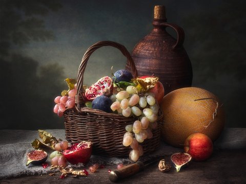 Still life with basket of fruits and wine jug