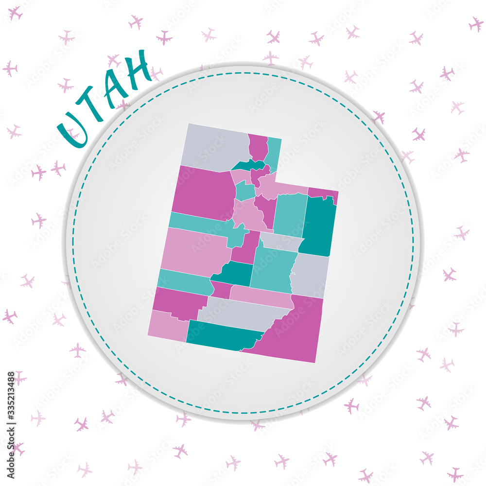 Poster utah map design. map of the us state with regions in emerald-amethyst color palette. rounded travel 