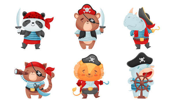 Animals Pirates with Bandana and Eye Patch Vector Set