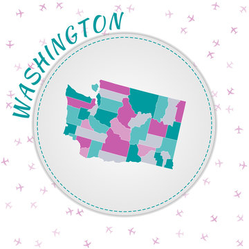 Washington map design. Map of the us state with regions in emerald-amethyst color palette. Rounded travel to Washington poster with us state name and airplanes background.