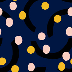 Simple and fun seamless pattern with round shapes and dots. Abstract geometry design. Chaotic fun figures texture.