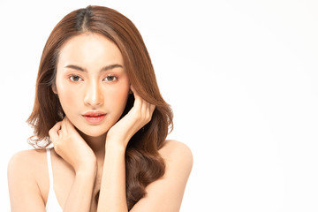 Fototapeta premium Beauty asian women touching soft cheek portrait face with natural skin and skin care healthy hair and skin close up face beauty portrait.