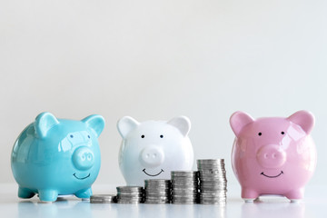 Piggy bank with a pile of coins Step into a business that is growing to be successful and economical for retirement concepts