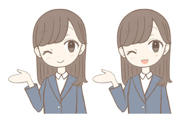 スーツ　女性　ビジネス　こちらです　どうぞ　イラスト　セット