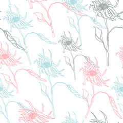 Vector seamless pattern with flower shapes. Simple modern floral background. Hand drawn delicate flowers in pastel colors on white background.