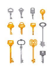 Set of silver and golden keys. Antique, variation, ownership. Can be used for topics like background, collection, accessibility