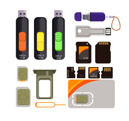 Memory cards icons set. Simple icons on white background. Transcend, port, card. Computer and mobile device concept. illustration can be used for topics like