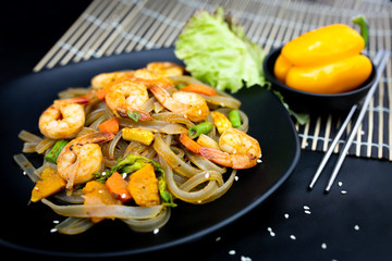 Spicy Sichuan food. Mala shrimp spicy salad with Sichuan pepper - mixed ingredients stir fried in spicy sauce.