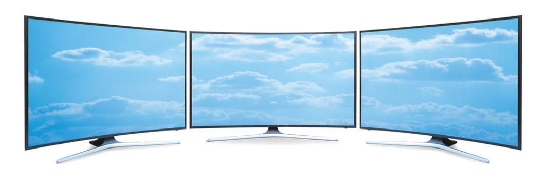 Curved TV 4K flat screen lcd or oled, plasma realistic, White blank HD monitor mockup, Modern video panel white flatscreen on isolated white background. with picture blue sky panorama.