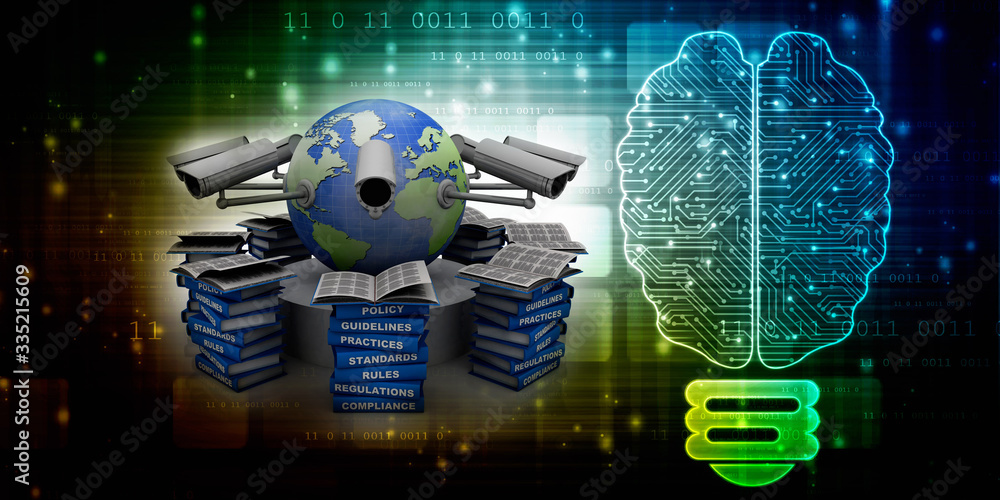 Poster 3d rendering surveillance cctv security camera connected globe with book