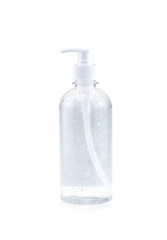 White bottle dispenser pump with tube transparent bubble liquid filled container from front top angle isolated on white background. Alcohol White gel.