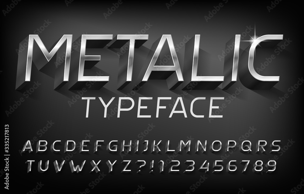 Poster metallic alphabet font. 3d chrome effect letters and numbers with shadow. stock vector typeface for 