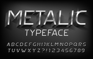 Metallic alphabet font. 3D chrome effect letters and numbers with shadow. Stock vector typeface for your typography design.