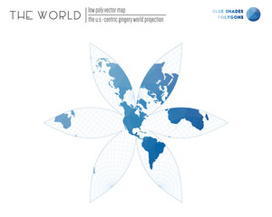 Polygonal map of the world. The U.S.-centric Gingery world projection of the world. Blue Shades colored polygons. Modern vector illustration.