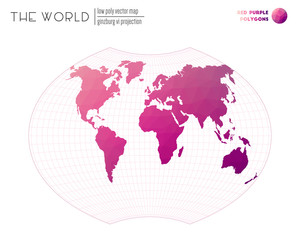 Polygonal map of the world. Ginzburg VI projection of the world. Red Purple colored polygons. Amazing vector illustration.