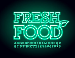 Fototapeta na wymiar Vector neon Emblem Fresh Food. Glowing Green Font. Electric Alphabet Letters and Numbers