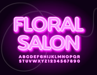 Vector neon logo Floral Salon. Pink electric Font. Glowing Alphabet Letters and Numbers