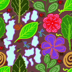 
Vector illustration. Abstract multicolored bright seamless pattern in the form of plants and insects. Design for wallpaper, covers, cards, prints.