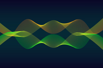 Green and yellow glow beam abstract wave isolated on dark background.Fluorescent illuminate flowing light.Design for technology ,music soundwave equalizer concept.Vector.Illustration.