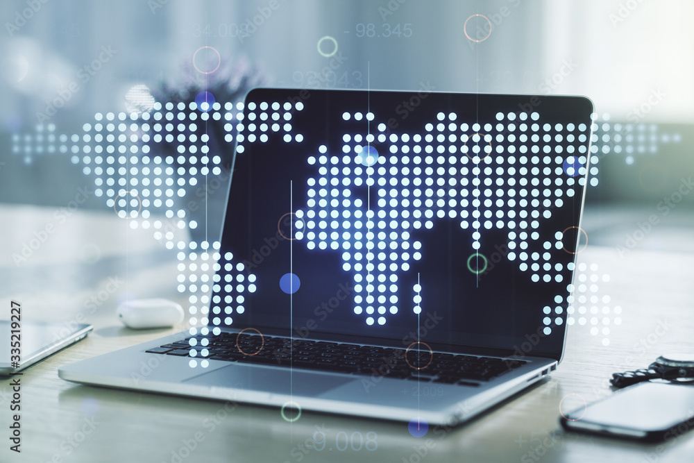 Fototapete multi exposure of abstract graphic world map on modern computer background, big data and networking 