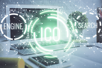 Multi exposure of blockchain and crypto economy theme hologram and table with computer background. Concept of bitcoin cryptocurrency.
