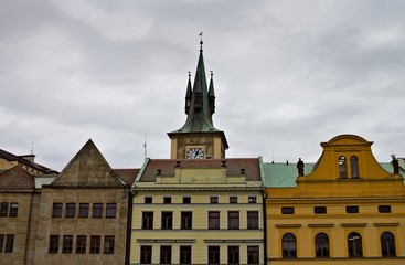 Obraz premium Old bohemian buildings with decorated roofs and spires (Prague, Czech Republic, Europe)