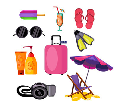 Beach set illustration. Different beach things on white background. Vacation concept. illustration can be used for topics like beach, resort, vacation