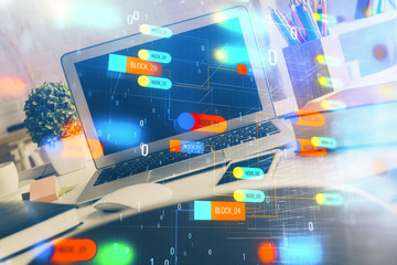 Multi exposure of desktop with personal computer and tech theme drawing. Concept of Bigdata.