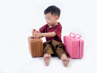 children boy in traditional Thai dress  for Welcome Songkran Festival on white background