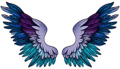 Beautiful glittery shiny violet purple turquoise wings, vector