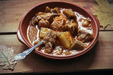 Thick hot soup with potatoes and meat