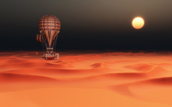 Fantasie Heißluftballon über einer Wüstenlandschaft