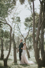 Portrait of a lovely bride and groom embrace, kiss and hug each other. Couple in love in the bosom of nature . Handsome groom and beautiful blonde bride posing in the forest. Modern dress and suit