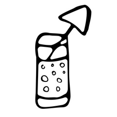 Vector illustration of a wineglass with a drink and a small umbrella in the form of a black outline on an isolated white background, Doodle style.