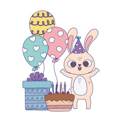 happy day, rabbit with party hat and cake gift balloons
