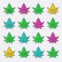Fototapeta na wymiar Vector illustration of cannabis in the style of kawaii. Cute and funny leaves. Cannabis pattern in kawaii style. Great for backgrounds, fabrics, wrapping paper, etc.