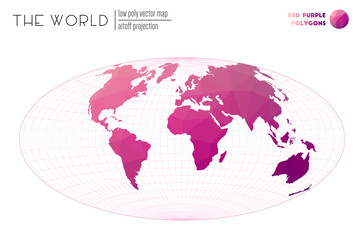 Triangular mesh of the world. Aitoff projection of the world. Red Purple colored polygons. Elegant vector illustration.