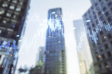 Double exposure of abstract financial chart with world map on office buildings background, research and analytics concept
