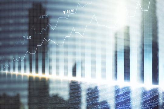 Double exposure of abstract financial chart on office buildings background, research and analytics concept - Powered by Adobe