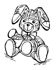 Cute bunny soft toy pet with ribbon on neck sitting and waving for greeting, black and white cartoon