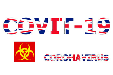 3D Flag of United Kingdom on a Covit-19 text background.
