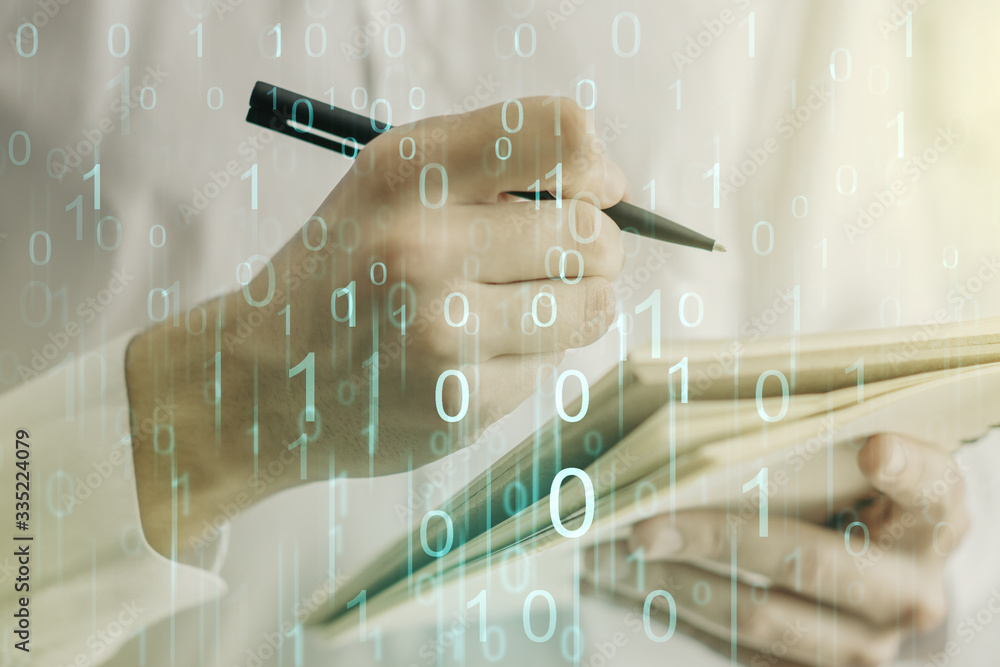 Poster creative abstract binary code hologram and man hand writing in diary on background, ai and machine l