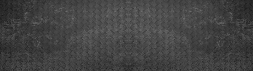 Black anthracite vintage retro geometric motif cement concrete tiles texture background banner panorama with  diamond shaped rhombus mesh print