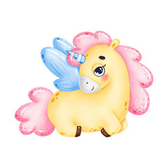 Cute little yellow unicorn with blue wings on a white background