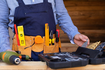 Close up construction tool belt and work instruments