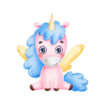 Cute little pink unicorn with yellow wings on a white background